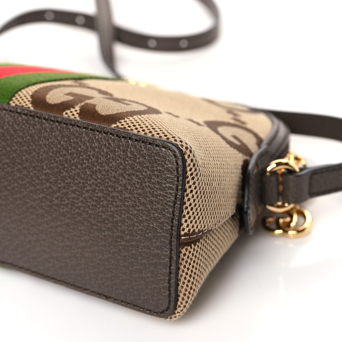 Monogram Jumbo GG Textured Dollar Calfskin Web Small Ophidia Dome Shoulder Bag Camel Ebony New Acero