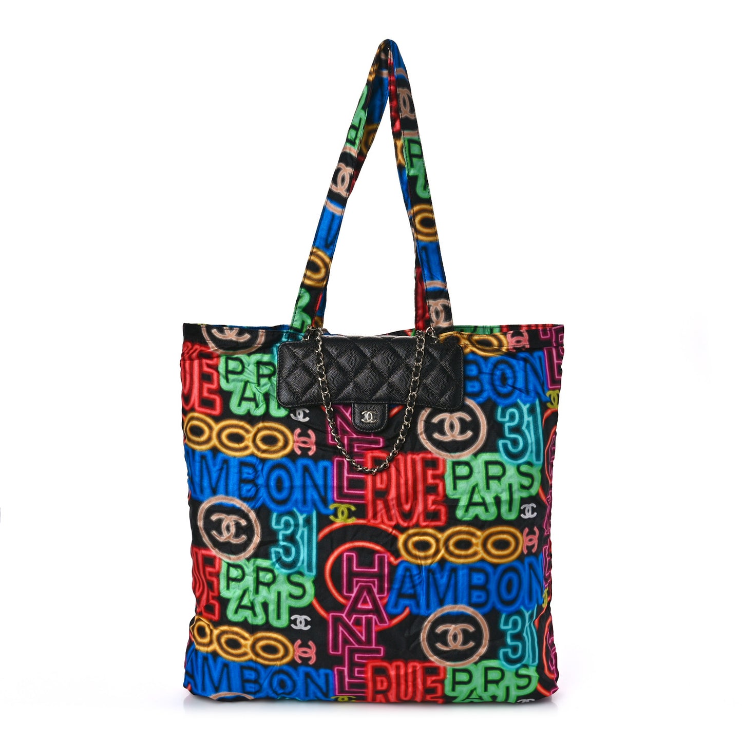 Caviar Fabric Graffiti Foldable Tote Bag With Chain Black Multicolor