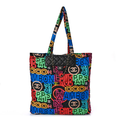 Chanel Caviar Fabric Graffiti Foldable Tote Bag With Chain Black Multicolor 3 of 15