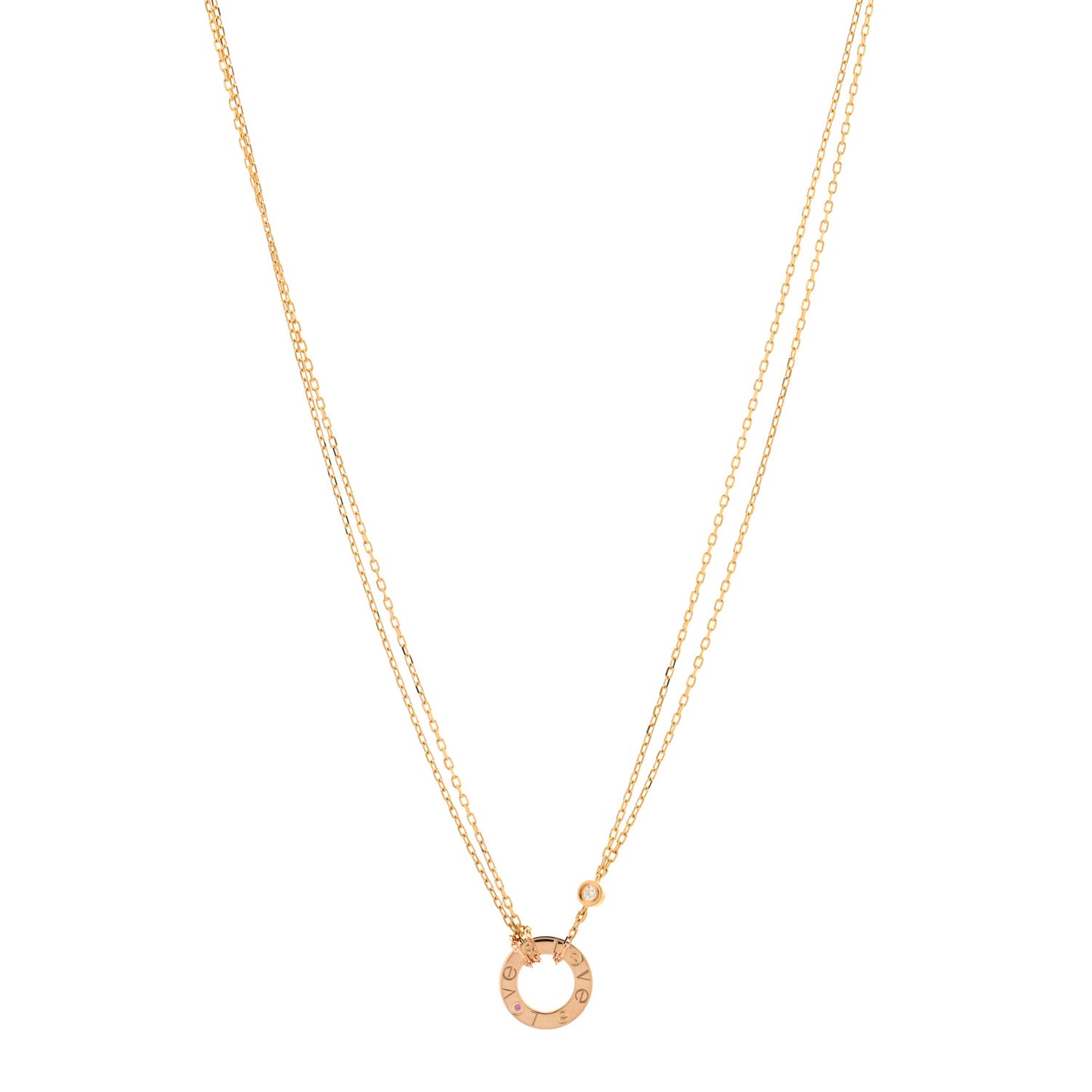 18K Pink Gold 1 Diamond 1 Pink Sapphire LOVE Necklace