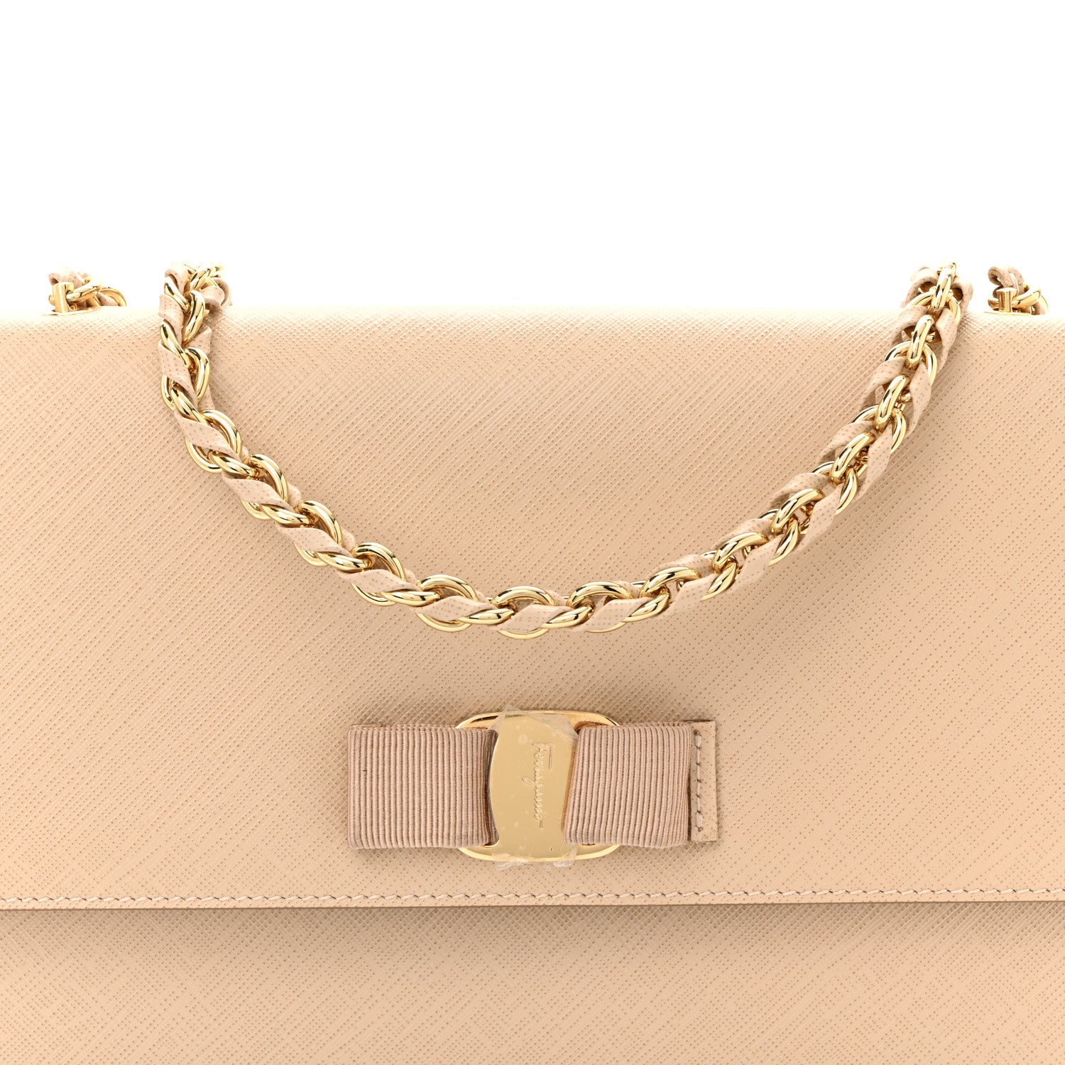 Salvatore Ferragamo Printed Calfskin Vara Bow Chain Flap Crossbody Beige 8 of 11