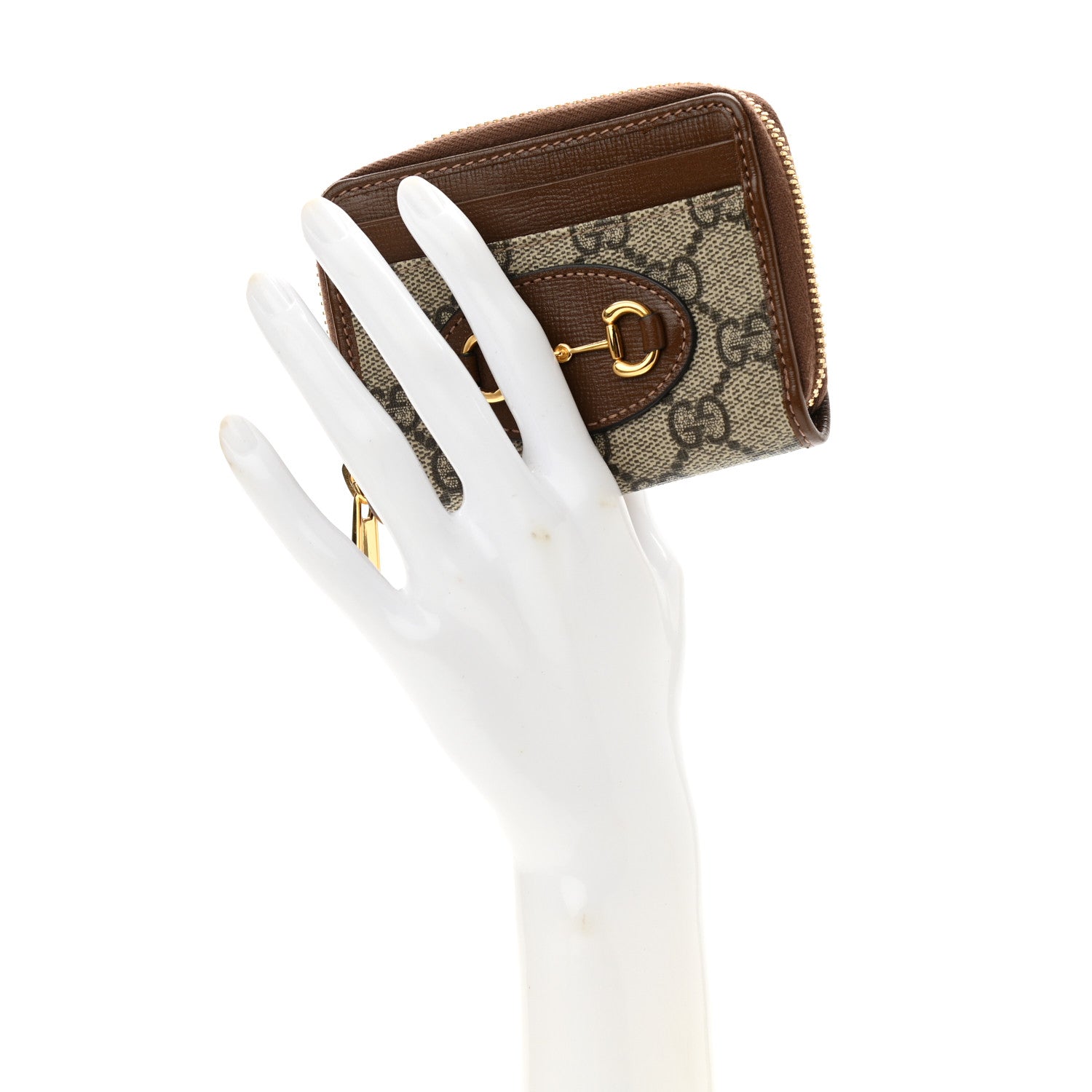 Gucci GG Supreme Monogram Azalea Calfskin Horsebit 1955 Zip Around ID Card Case Wallet Beige Ebony Brown Sugar 2 of 8