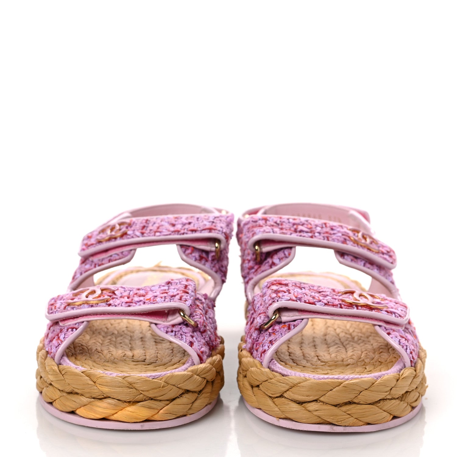 Chanel Tweed Patent Calfskin Velcro Dad Sandals 37.5 Pink Multicolor 2 of 9
