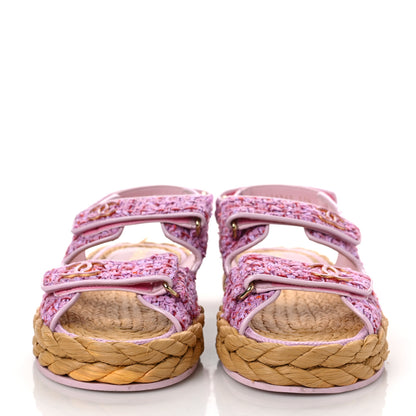Chanel Tweed Patent Calfskin Velcro Dad Sandals 37.5 Pink Multicolor 2 of 9