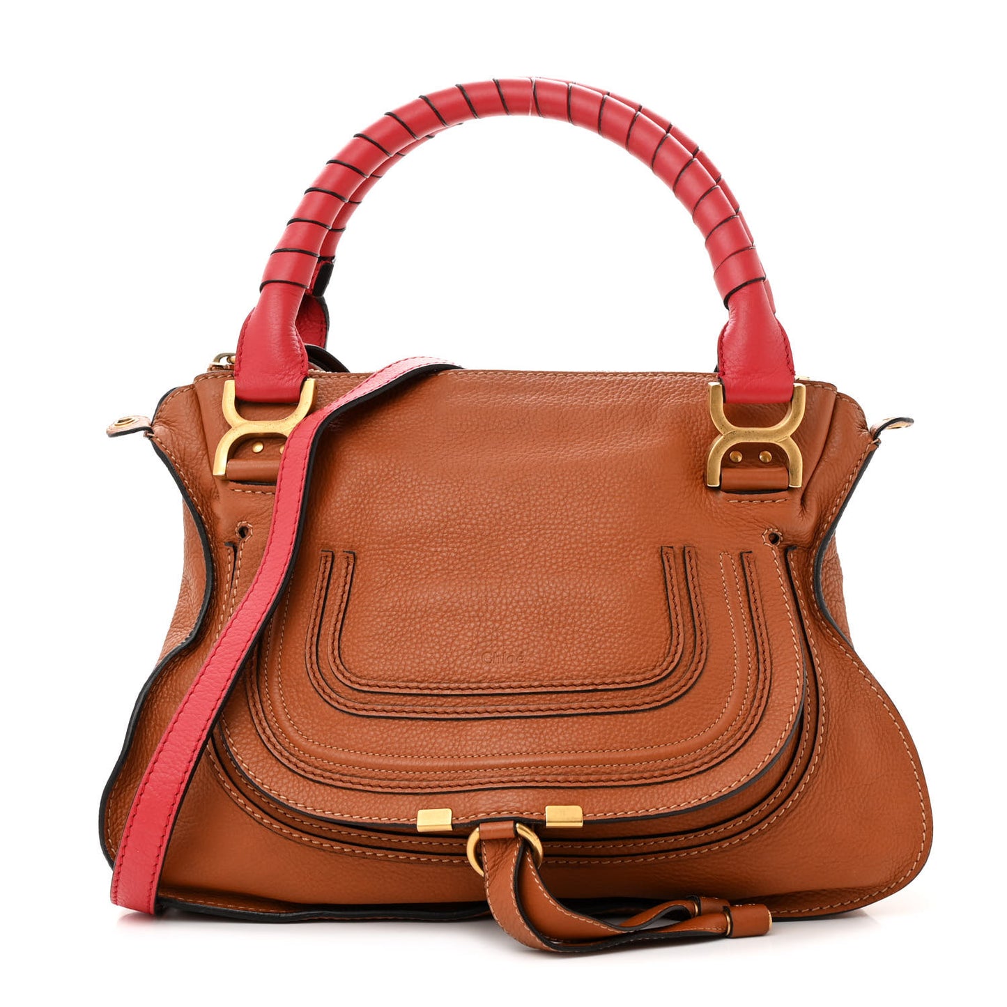 Calfskin Medium Marcie Satchel Tan Plaid Red