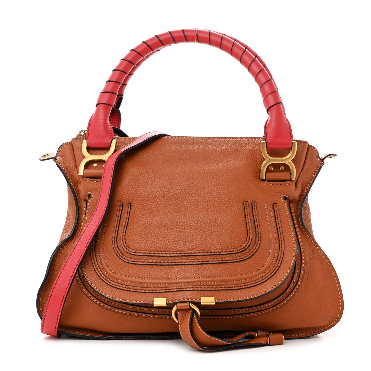 Chloe Calfskin Medium Marcie Satchel Tan Plaid Red 1 of 21