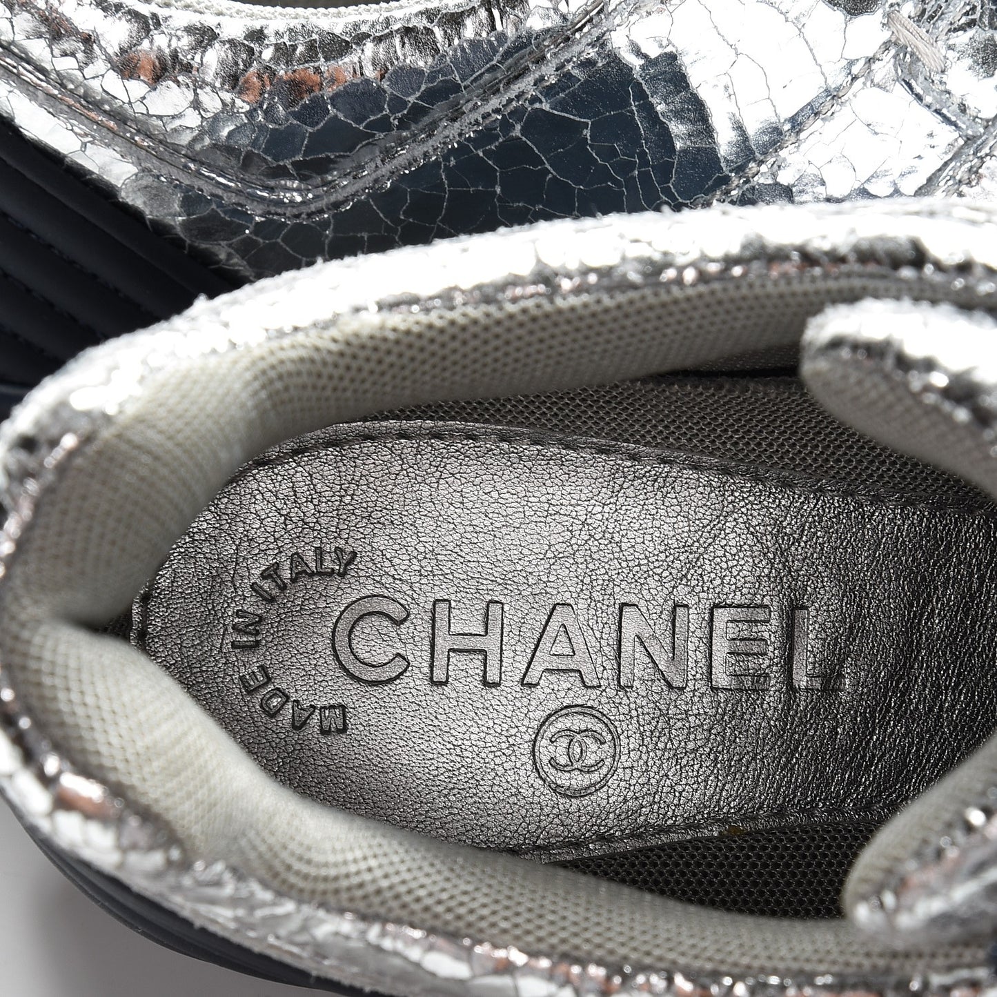 Metallic Crackled Calfskin CC Sneakers 40 Silver