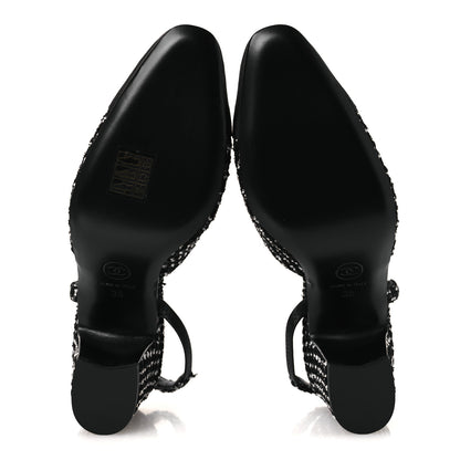 Chanel Tweed Grosgrain Cap Toe CC Slingback Pumps 35 Black White 7 of 12
