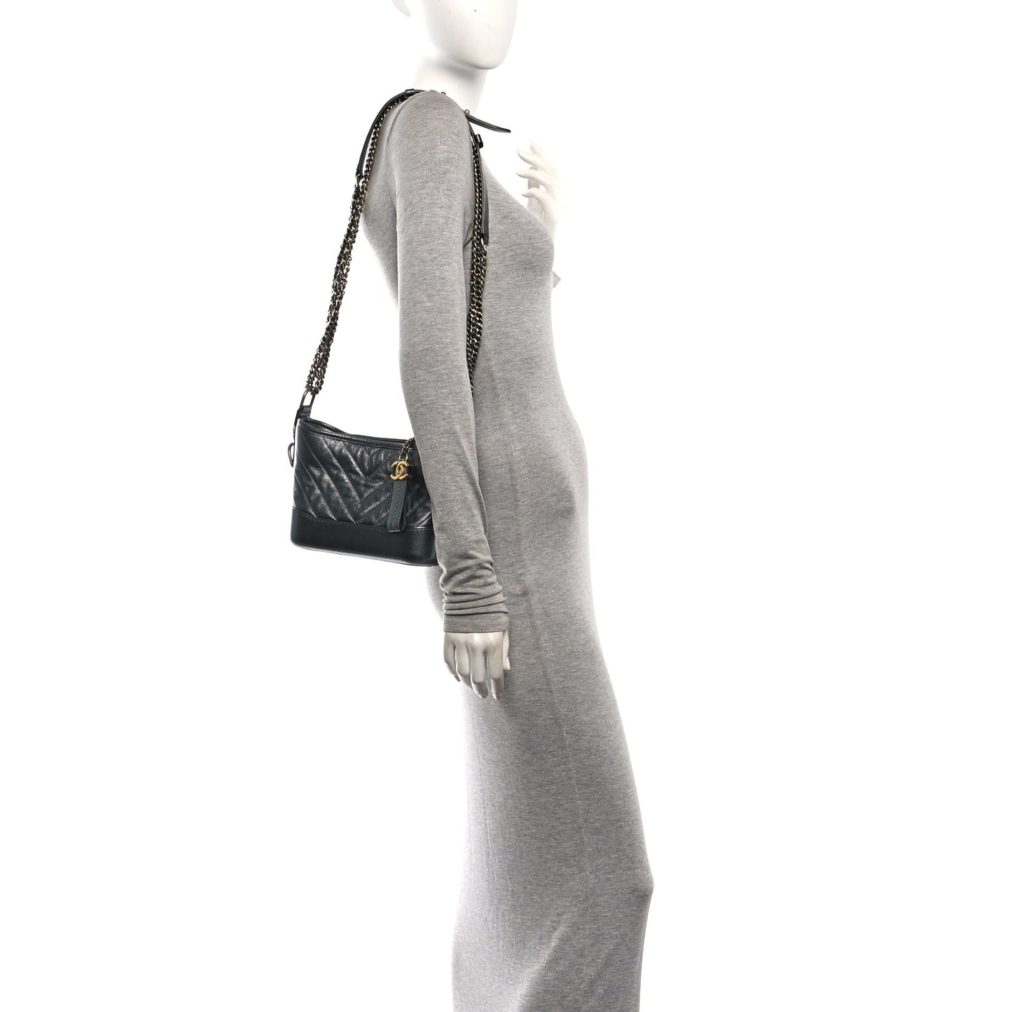 Metallic Aged Calfskin Chevron Quilted Small Gabrielle Hobo Dark Grey
