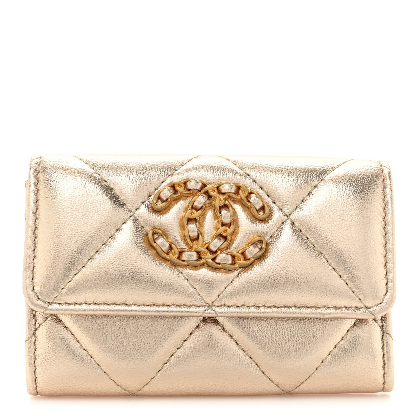 Metallic Goatskin Quilted Chanel 19 Flap Card Holder Gold