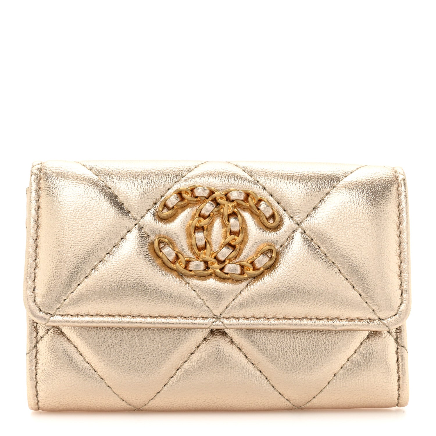 Chanel Metallic Goatskin Quilted Chanel 19 Flap Card Holder Gold 1 of 11