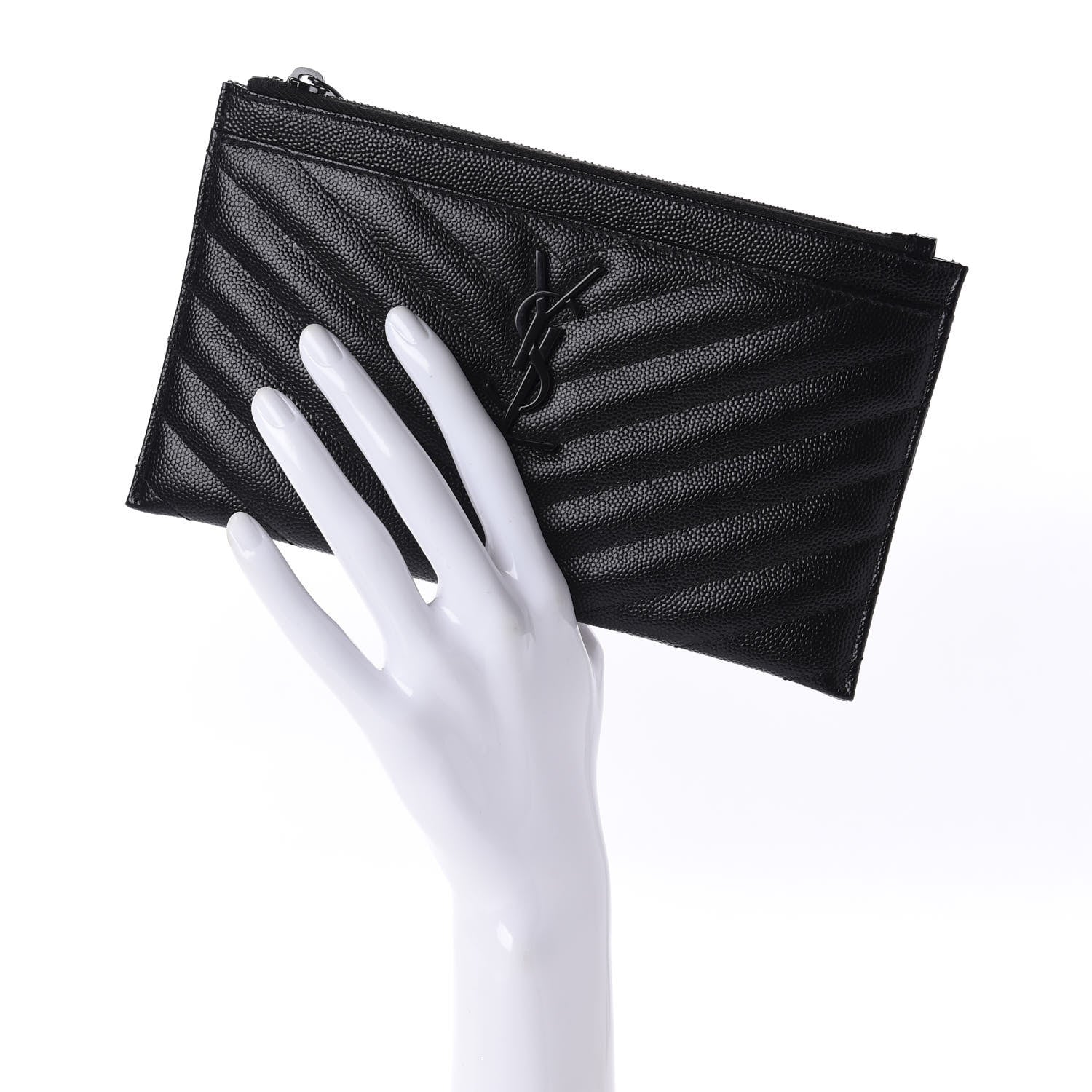 Saint Laurent Grain De Poudre Chevron Monogram Bill Pouch Black 3 of 9