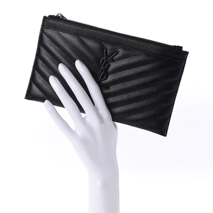 Saint Laurent Grain De Poudre Chevron Monogram Bill Pouch Black 3 of 9