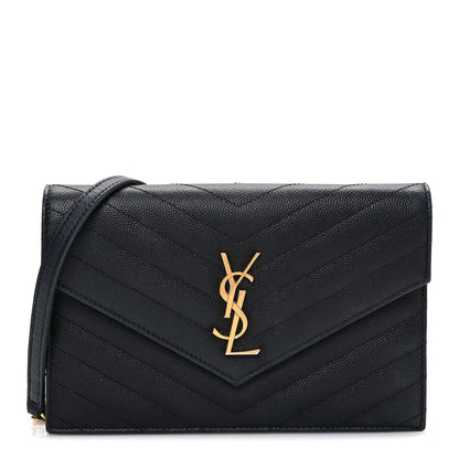 Saint Laurent Grain De Poudre Matelasse Chevron Monogram Envelope Chain Wallet Black 1 of 11