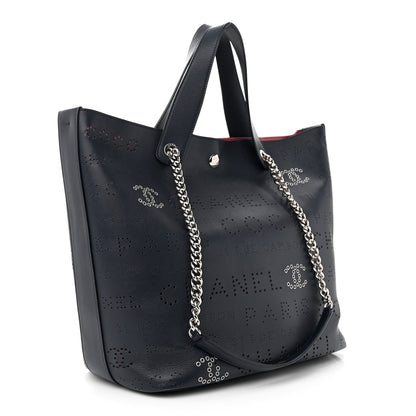 Chanel Calfskin Tweed Small Logo Eyelets Shopping Tote Navy Blue 3 of 8