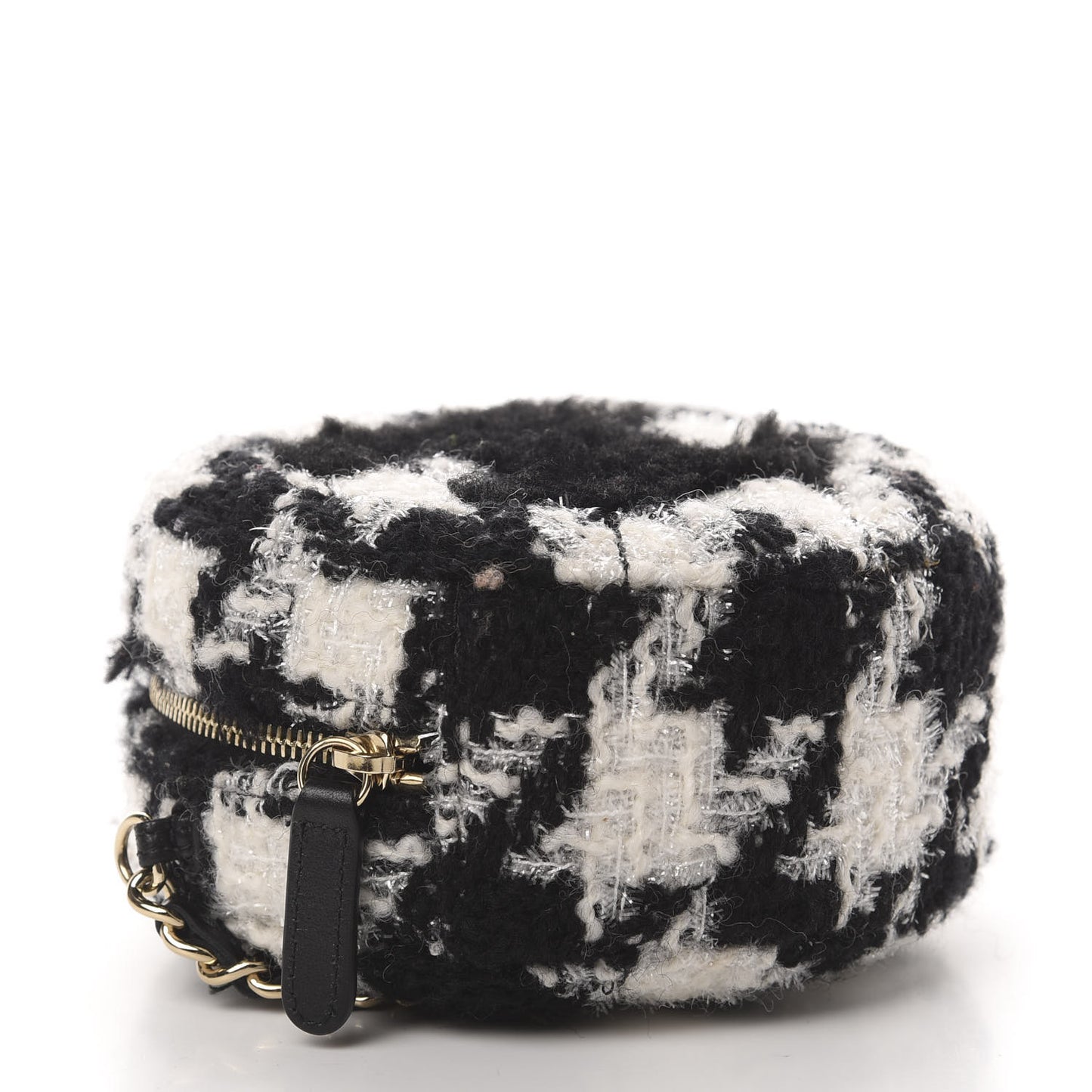 Tweed Shearling Round Clutch With Chain and Coin Purse Black and White