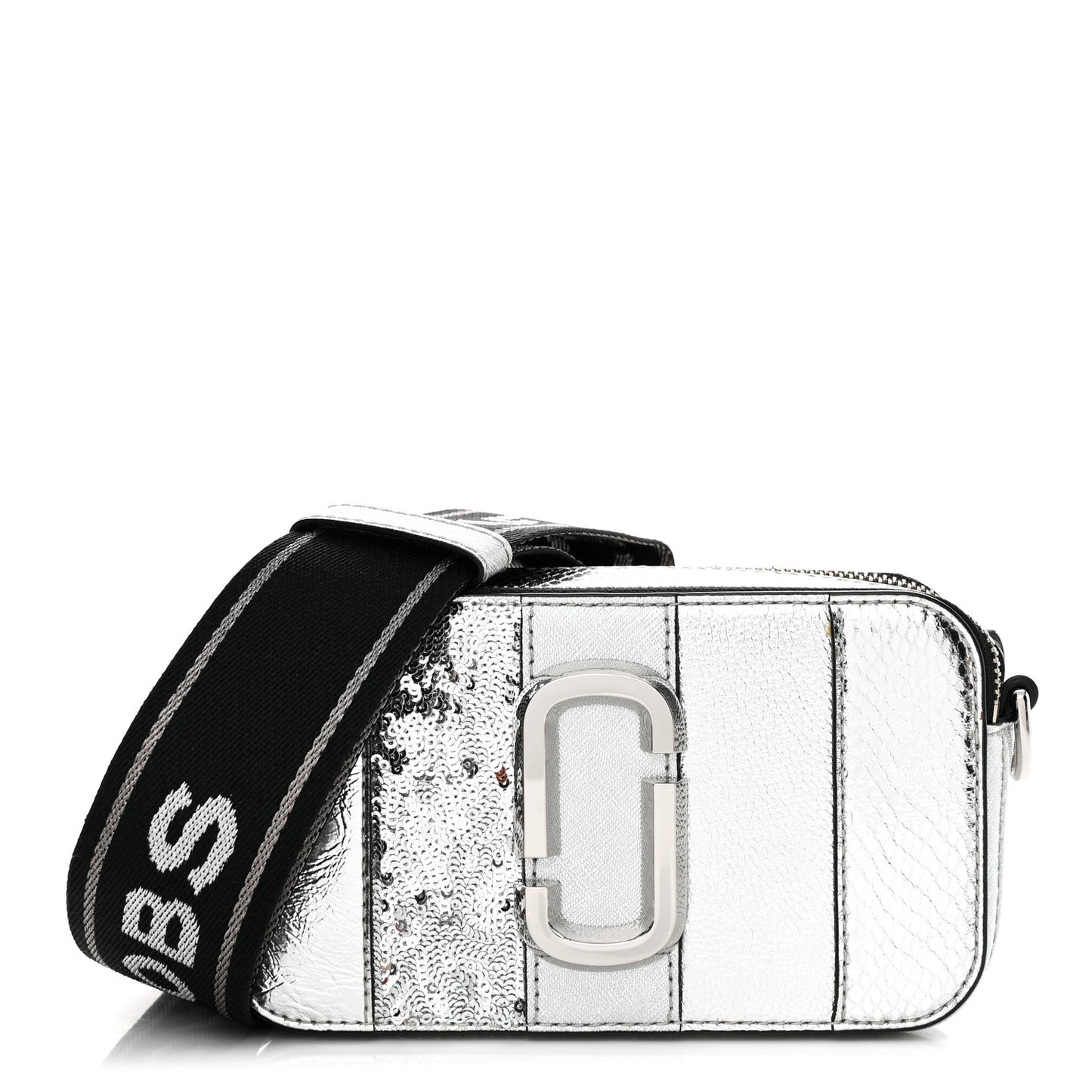 Metallic Sequin Snake Embossed Calfskin Stripe Snapshot Camera Bag Silver