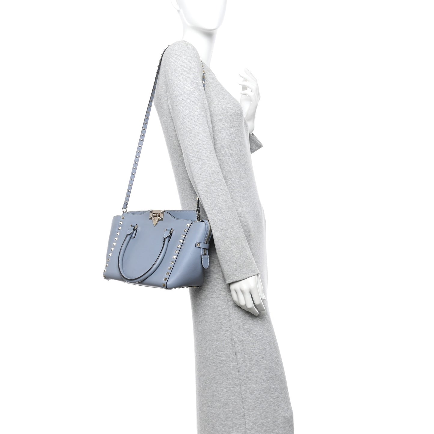 Vitello Rockstud Small Double Handle Tote Grey Blue