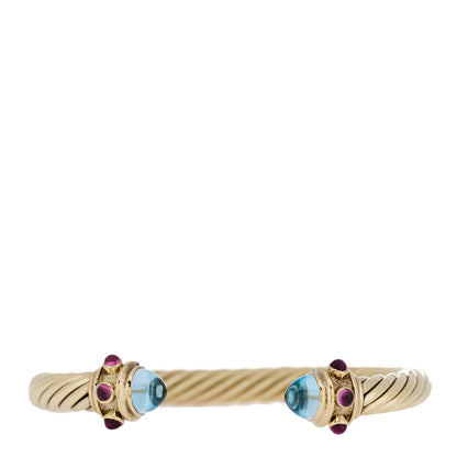 David Yurman 14K Yellow Gold Blue Topaz Pink Tourmaline 7mm Cable Renaissance Bracelet 1 of 4