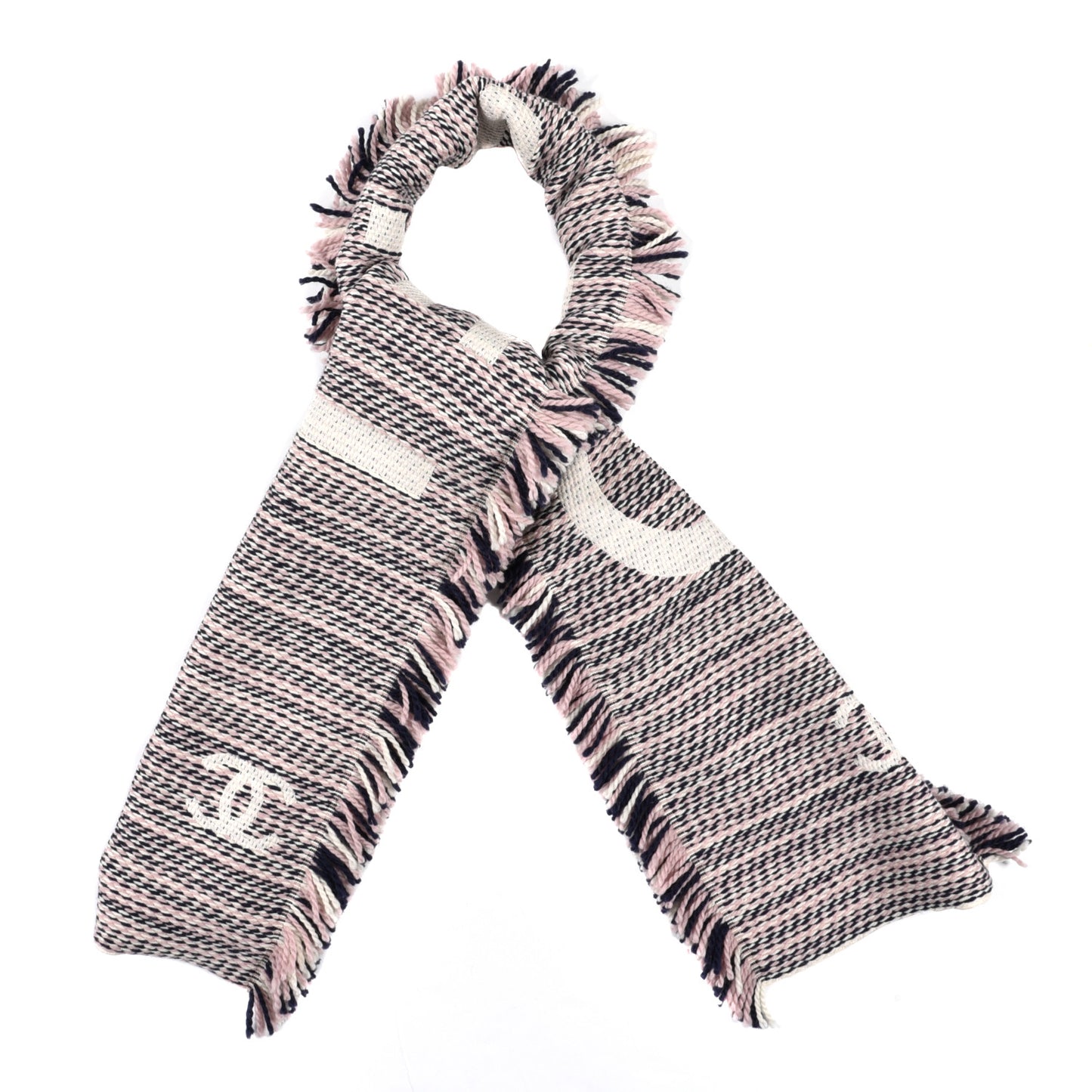 Wool Silk Logo CC Fringe Scarf Navy Pink Ivory