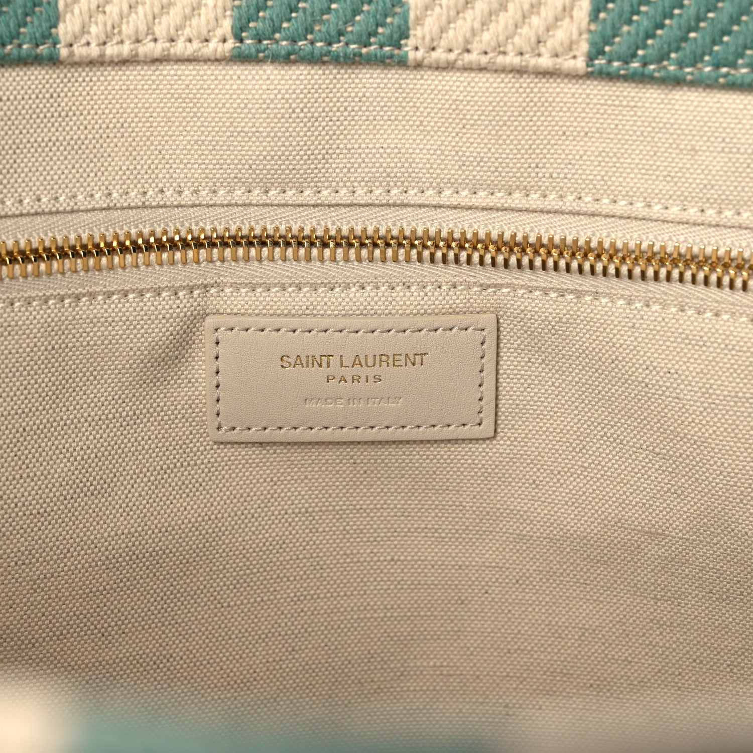 Saint Laurent Cotton Linen Calfskin Striped Rive Gauche Tote Water Green 6 of 10