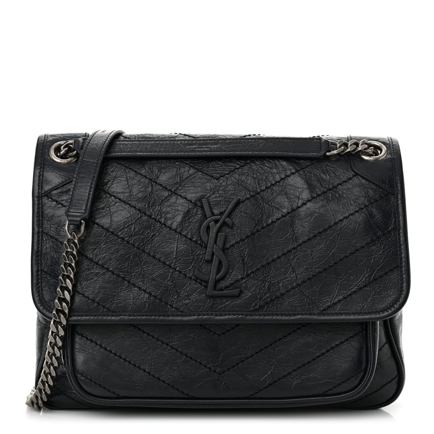 Crinkled Calfskin Matelasse Monogram Medium Niki Chain Satchel Deep Marine