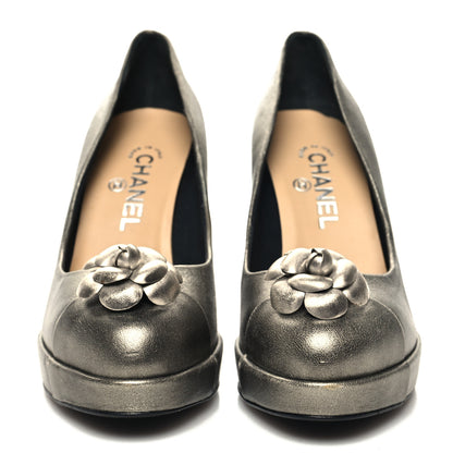 Chanel Metallic Calfskin Cap Toe Camellia Pumps 38 Metallic Grey 2 of 9