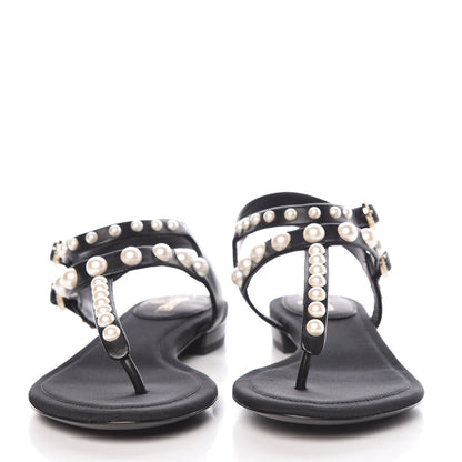Chanel Lambskin Pearl Thong Sandals 35.5 Black 2 of 9