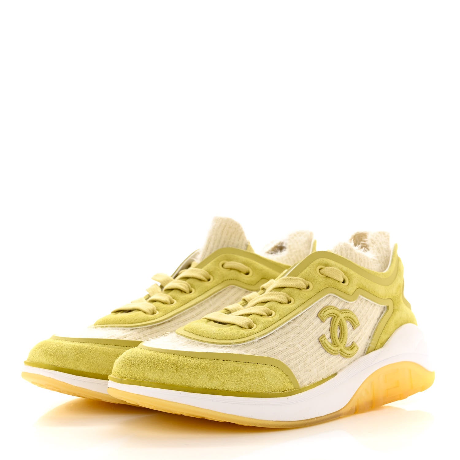 Chanel Suede Calfskin Stretch Fabric CC Sneakers 38.5 Yellow 3 of 6
