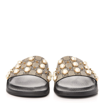 Gucci GG Supreme Monogram Slide Pearls Sandals 39 Beige 2 of 9