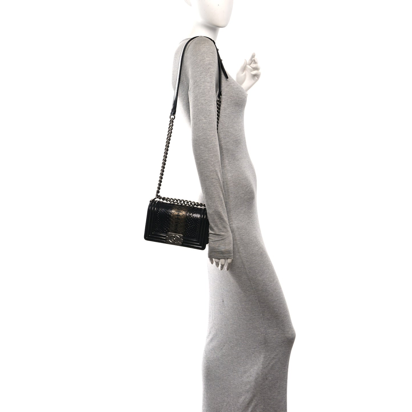 Patent Calfskin Snakeskin Small Boy Flap Black Silver