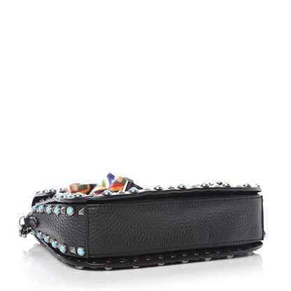 Valentino Garavani Calfskin Patch Beaded Medium Guitar Strap Rockstud Rolling Flap Saddle Bag Black 4 of 8