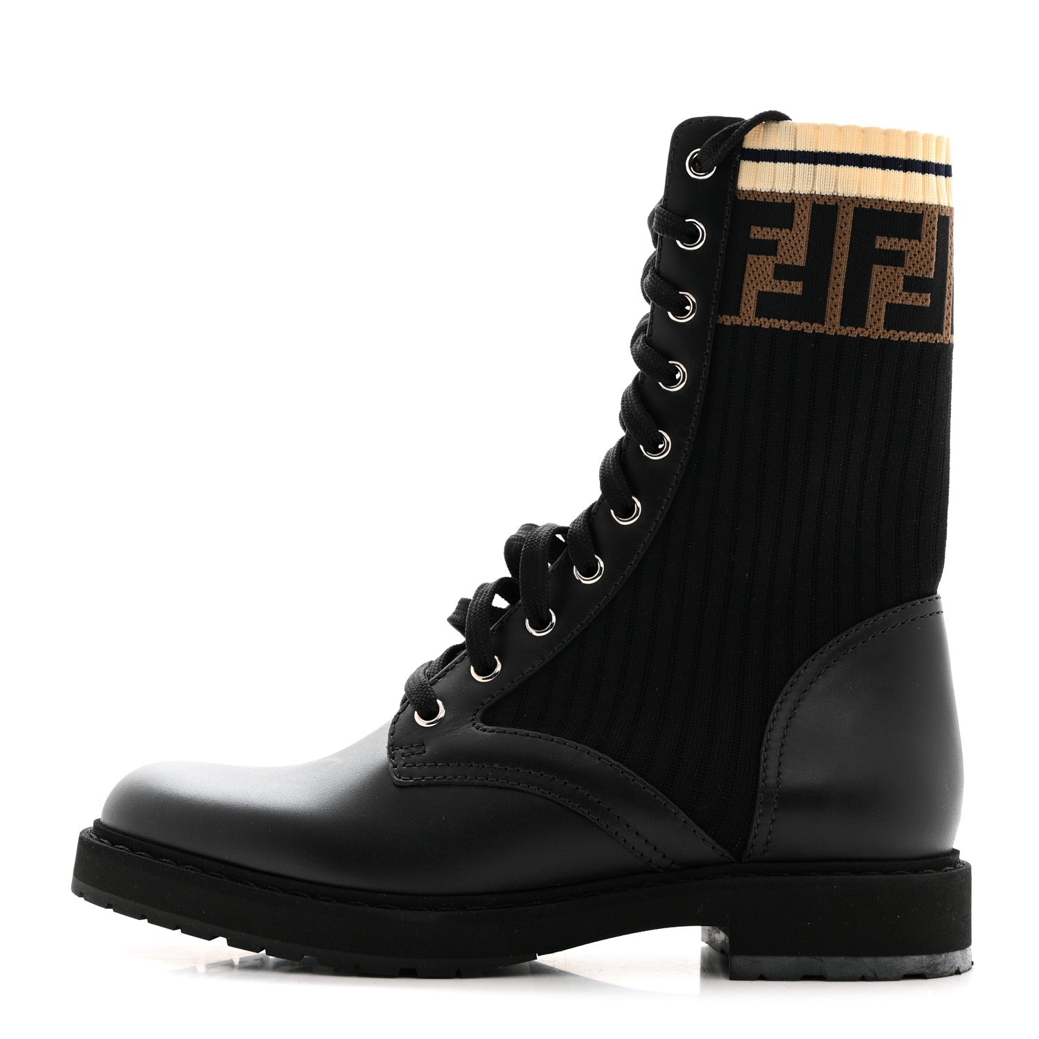 Fendi Calfskin Stretch Fabric Rockoko Biker Boots 38.5 Tobacco Black Marino 1 of 8