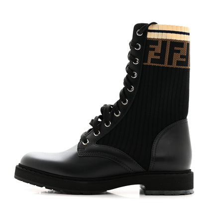 Fendi Calfskin Stretch Fabric Rockoko Biker Boots 38.5 Tobacco Black Marino 1 of 8