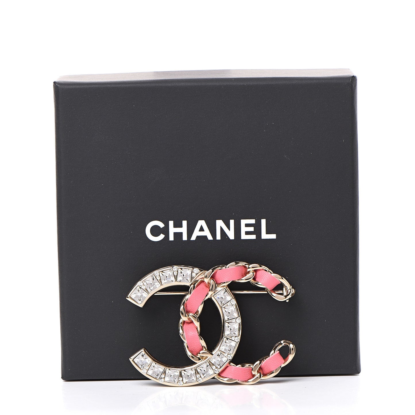 Lambskin Baguette Crystal CC Chain Brooch Pink Gold