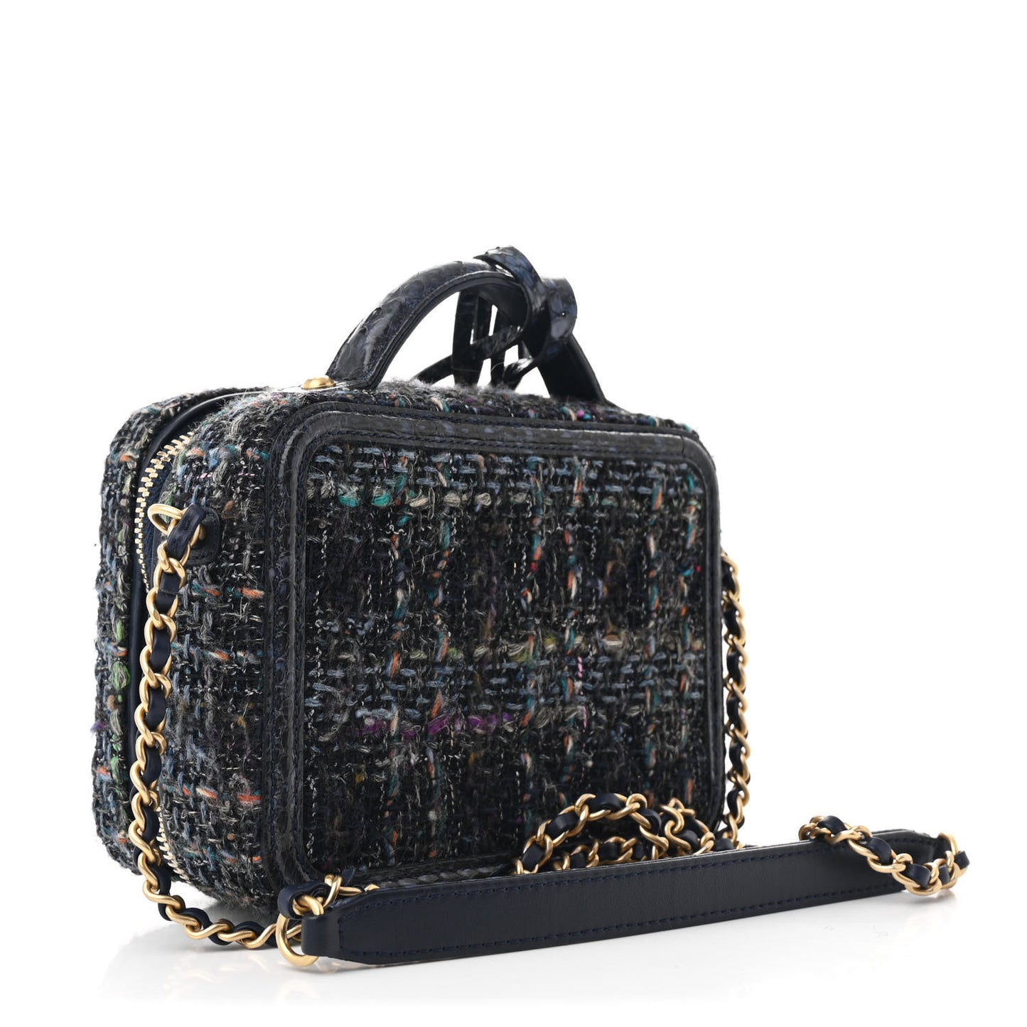 Tweed Snakeskin Quilted Small CC Filigree Vanity Case Navy Multicolor