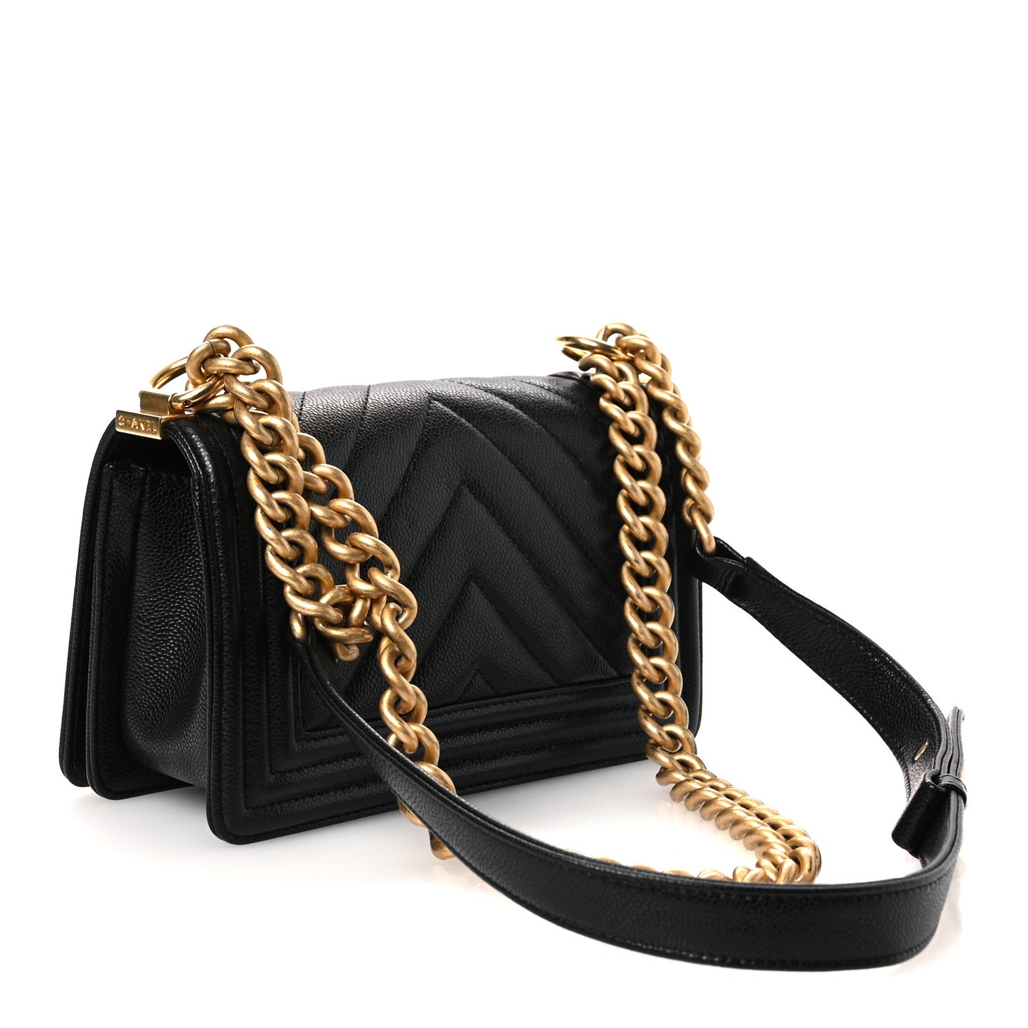 Caviar Chevron Quilted Small Boy Flap Black