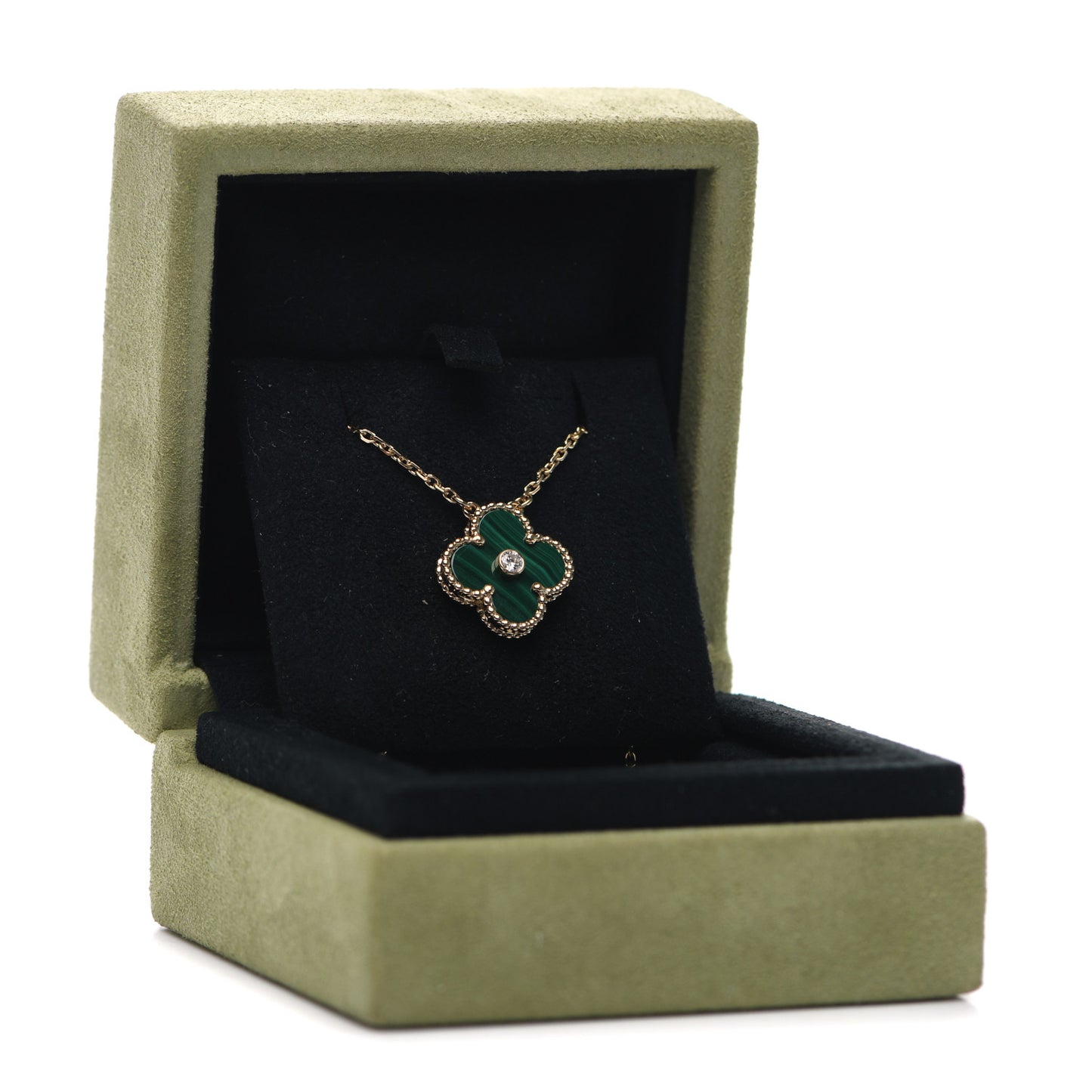 18K Yellow Gold Diamond Malachite Vintage Alhambra Pendant Necklace