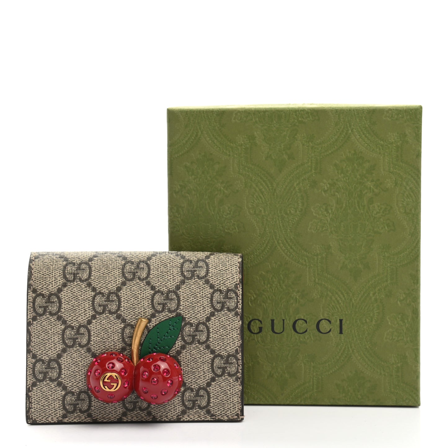 GG Supreme Monogram Cherry Embellished Card Case Wallet Hibiscus Red