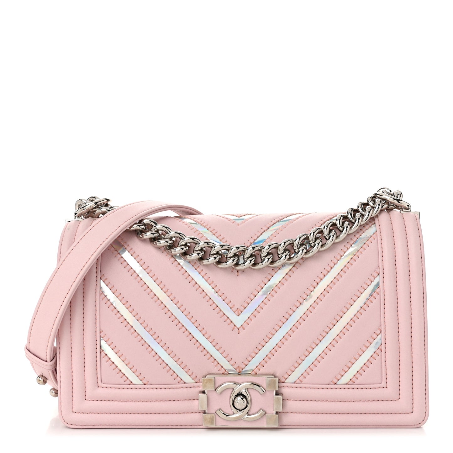 Lambskin Iridescent PVC Chevron Quilted Medium Boy Flap Pink Silver