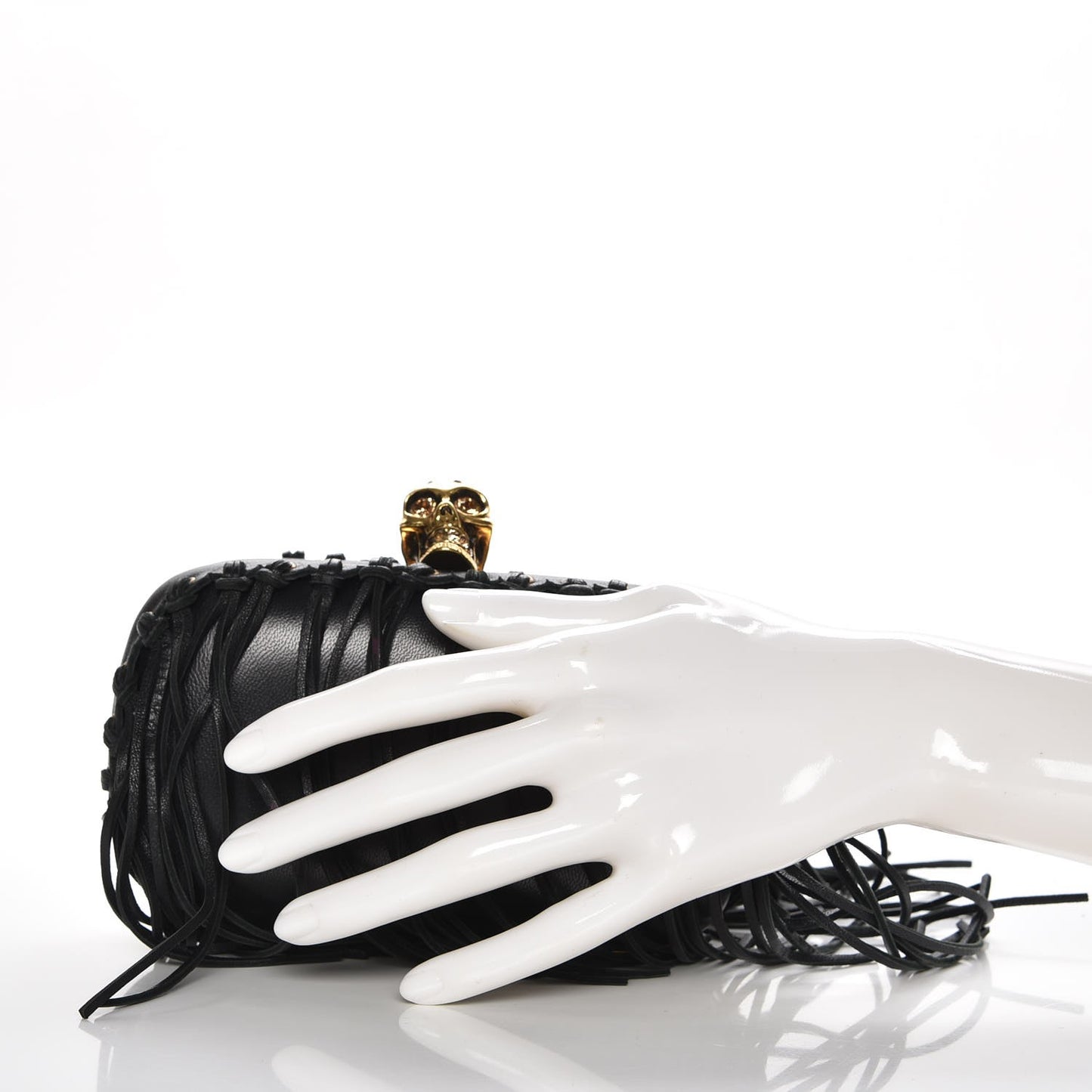 Calfskin Fringe Crystal Skull Box Clutch Black