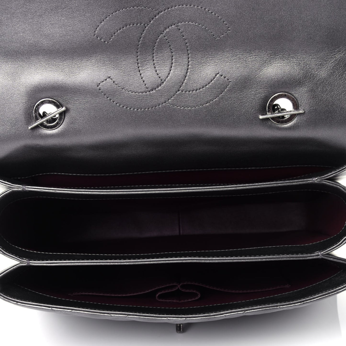 Metallic Calfskin Quilted Large Trendy CC Flap Dual Handle Bag Dark Silver