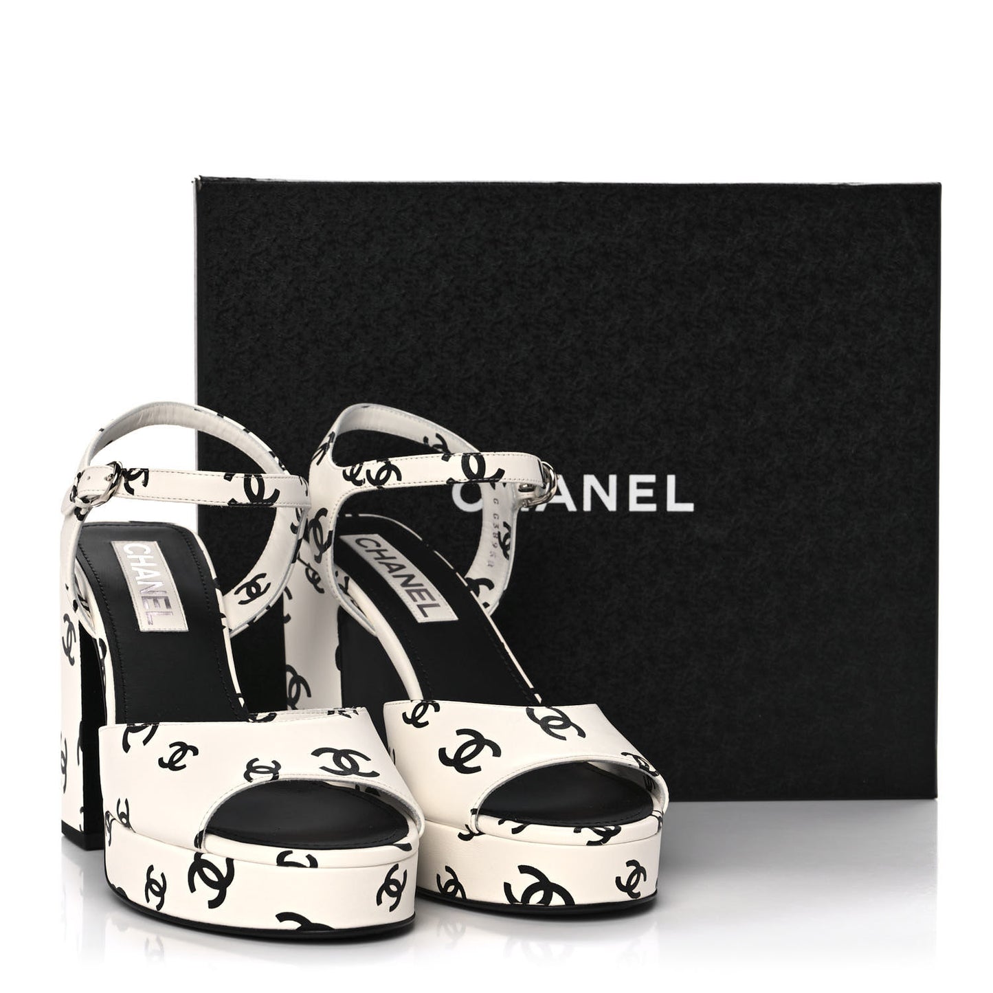 Printed Lambskin CC Platform Sandals 41 White Black