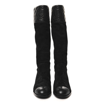 Chanel Suede Calfskin Lambskin Quilted Knee High Boots 37 Black 2 of 8
