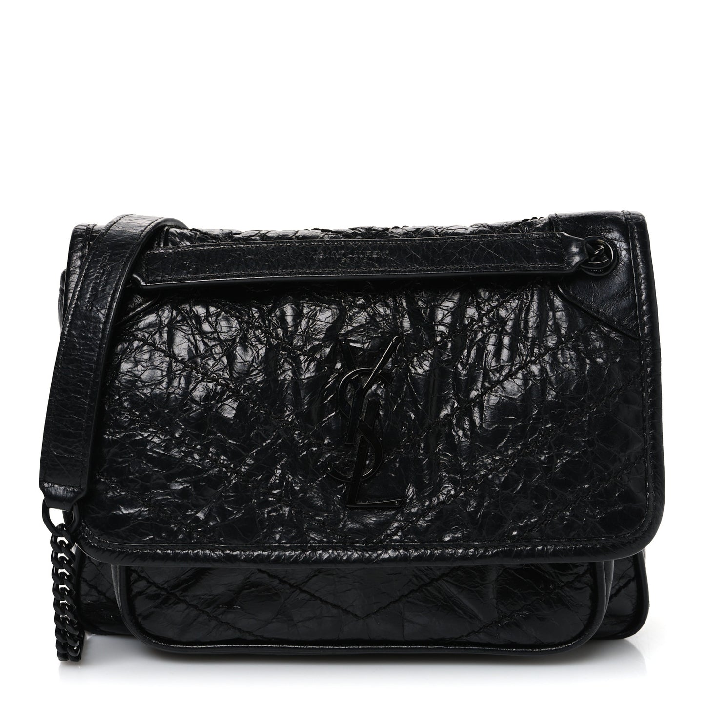 Crinkled Calfskin Matelasse Monogram Baby Niki Chain Satchel Black