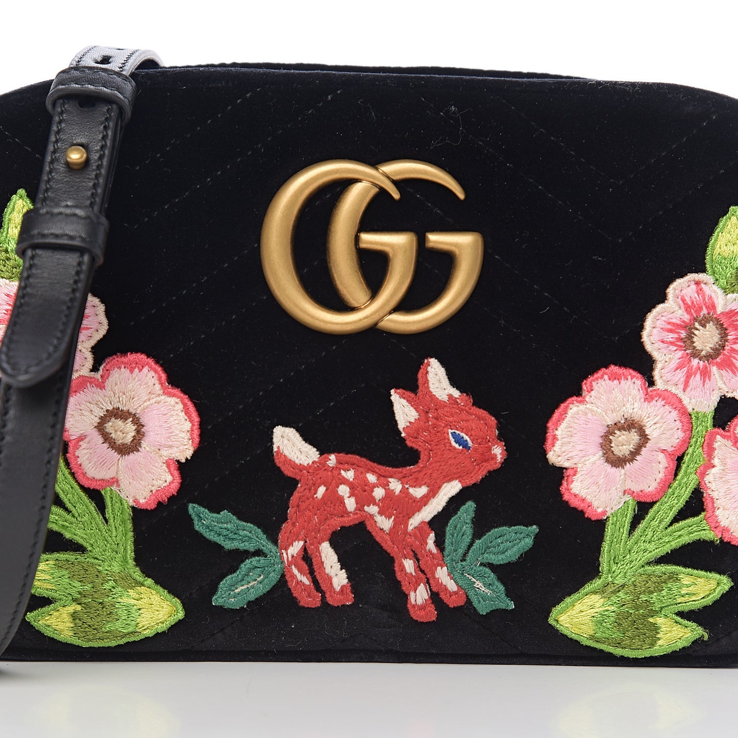 Velvet Matelasse Deer Embroidered Small GG Marmont Chain Shoulder Bag Black