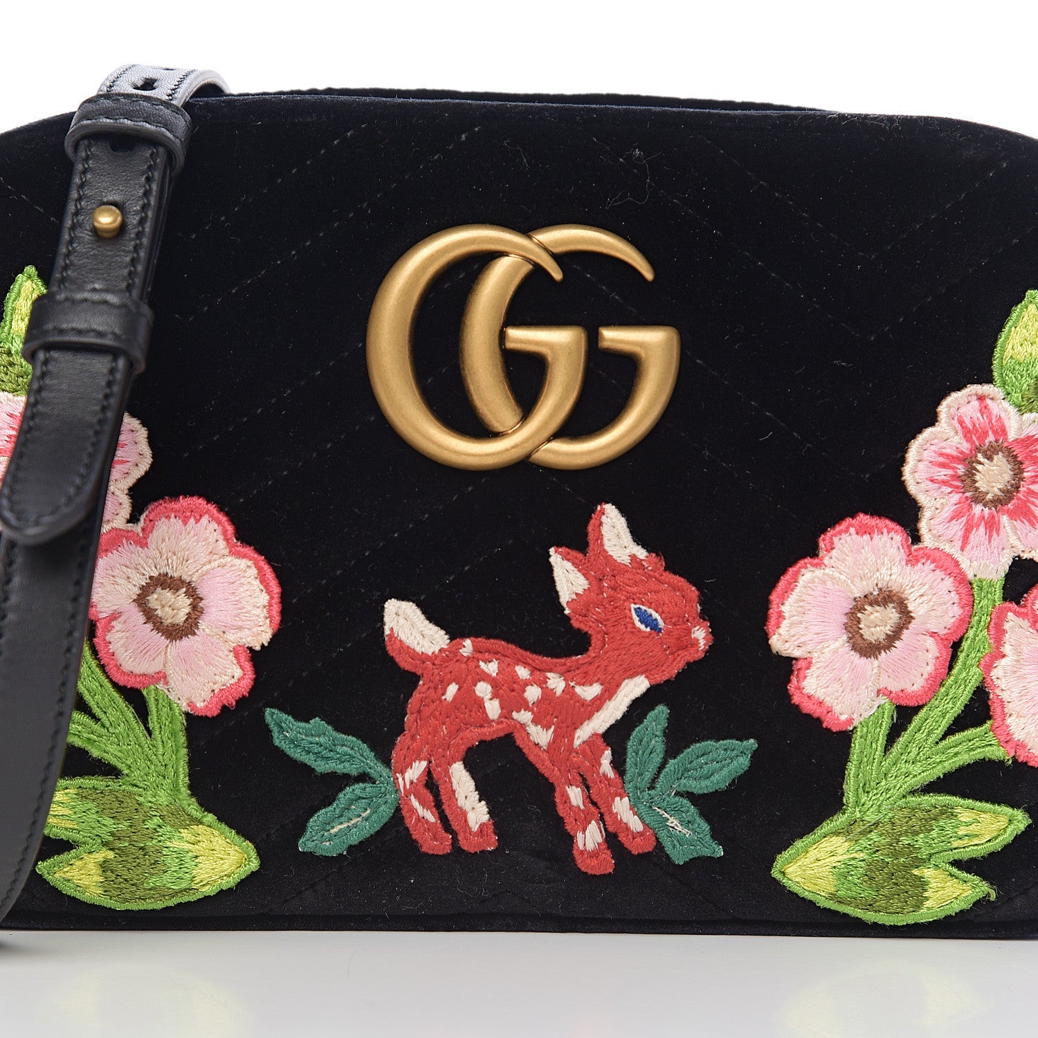 Gucci Velvet Matelasse Deer Embroidered Small GG Marmont Chain Shoulder Bag Black 7 of 9