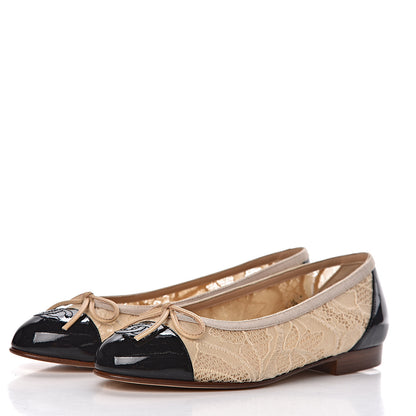 Chanel Lace Patent Cap Toe CC Ballerina Flats 35 Beige Black 3 of 10