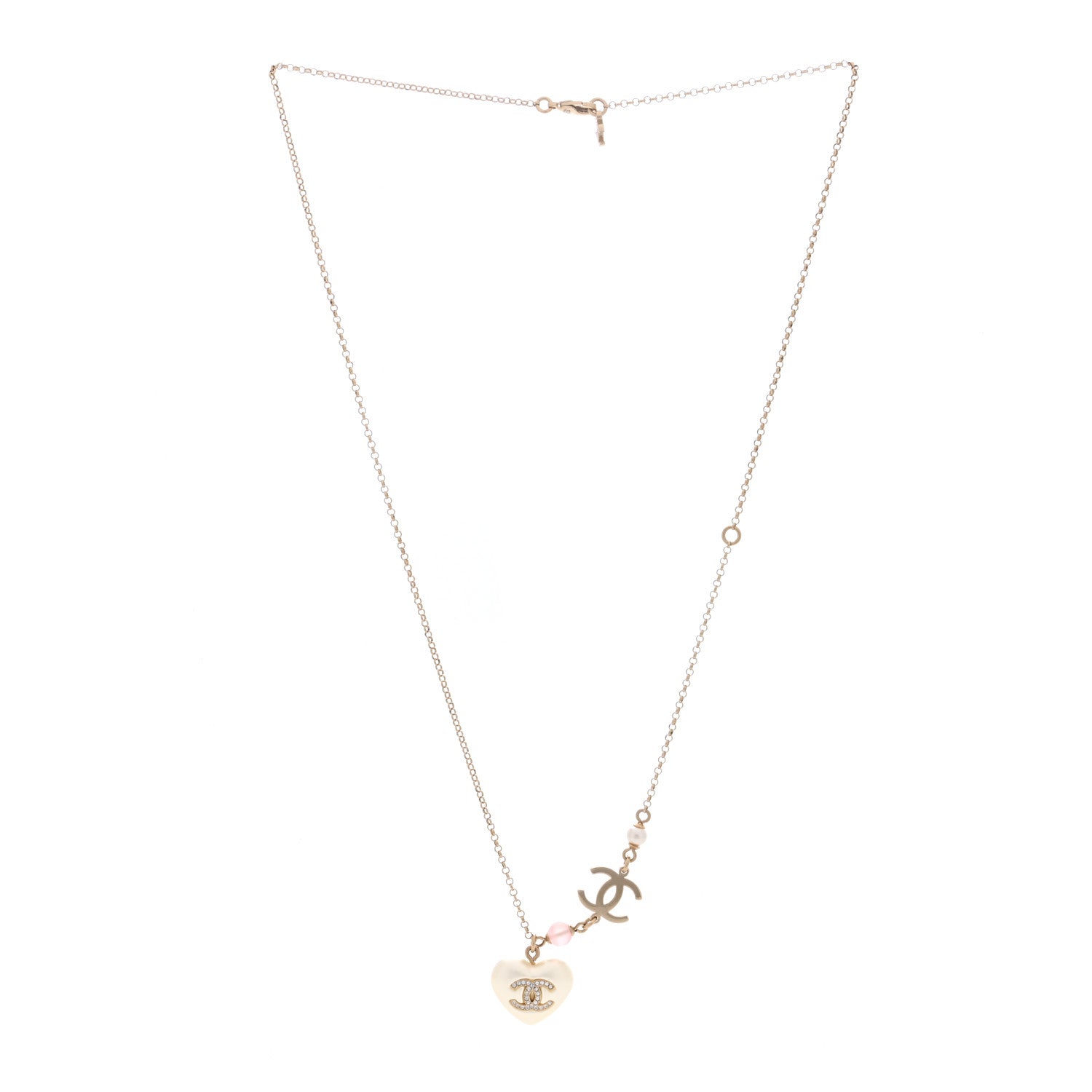 Chanel Resin Crystal CC Heart Necklace Pearly White Gold 3 of 5