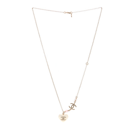 Chanel Resin Crystal CC Heart Necklace Pearly White Gold 3 of 5